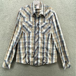 True Religion Shirt XL Brown Plaid Western Cotton Pearl Snap Long Sleeve Men's *